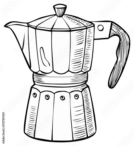 Coffee maker illustration in black and white with a vintage aesthetic.