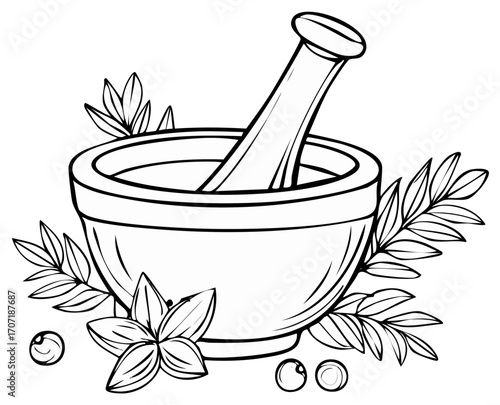 Mortar and pestle with herbs spices and seeds in line art style for natural cooking and medicine