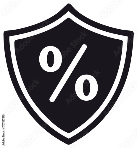 Percent symbol on a shield icon representing sales discount security and financial rate protection