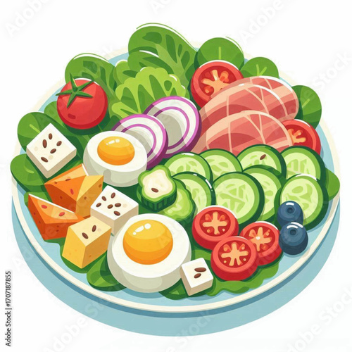 Salad plate with lettuce sliced tomatoes cucumbers hardboiled eggs ham slices cheese cubes onions and blueberries