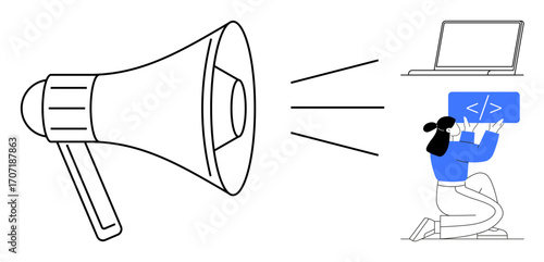Megaphone broadcasting toward a laptop and developer interacting with coding screen. Ideal for technology, communication, marketing, collaboration, digital innovation, teamwork, simple landing page