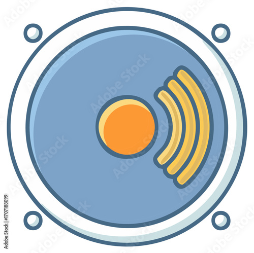 Stylized speaker icon with sound waves emitting from center disk