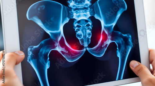 Pain in the cartilage joints, femoral head. Pelvis, degenerative hip disease. Inflammation due to arthritis and osteoarthritis. The pelvis x-ray is shown on the doctor's tablet