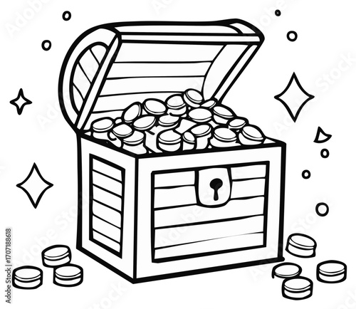 Cartoon Treasure Chest Overflowing with Gold Coins and Sparkling Stars in a Black and White Line Art Style