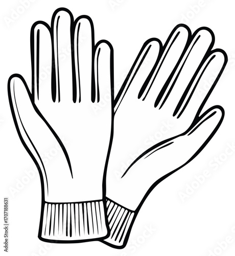 Pair of gardening gloves illustration in black and white.