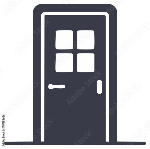 Minimalist closed front door icon with four windows vector graphic illustration