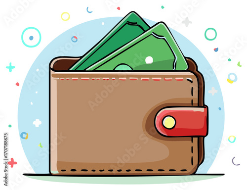Stylized Leather Wallet with Green Paper Currency Sticking Out with Colorful Background