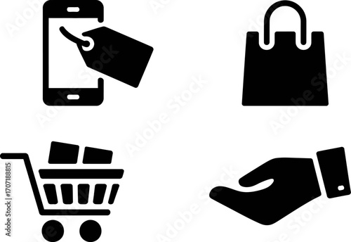 Digital shopping icons represent online commerce and consumerism