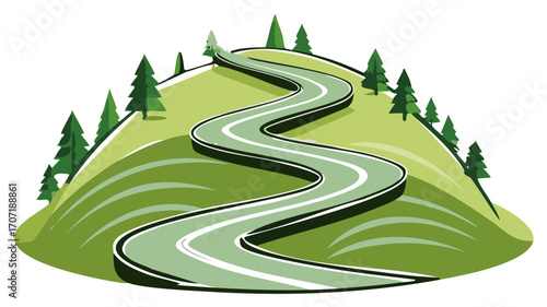 Curvy road climbing a lush green hill adorned with pine trees a scenic journey illustration