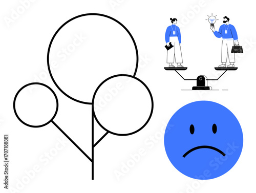 Business professionals weigh creativity and practicality on scales blue sad face highlights emotional struggle. Ideal for leadership, ethics, innovation, balance, teamwork, decision-making, simple