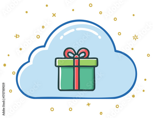Digital gift box inside a blue cloud with red ribbon and festive sparkles
