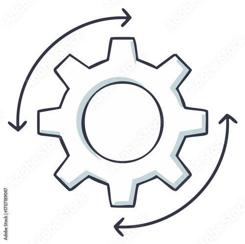 Gear with arrows in a circular motion. Concept of mechanical process and teamwork.