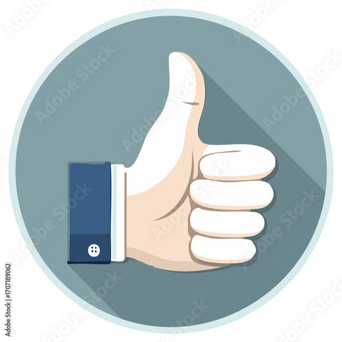 Flat design thumbs up gesture inside circle with long shadow effect