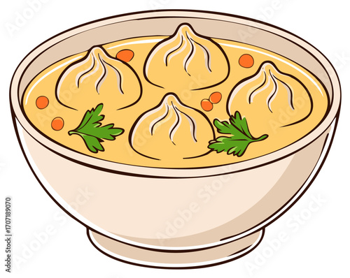 Delicious Dumplings in Rich Broth Soup with Garnish