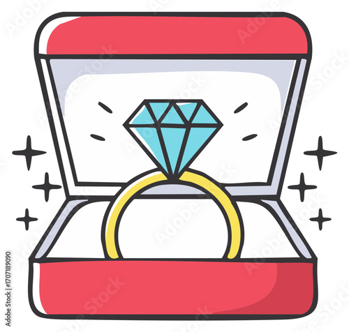 Cartoon style illustration of an engagement ring in a red jewelry box.