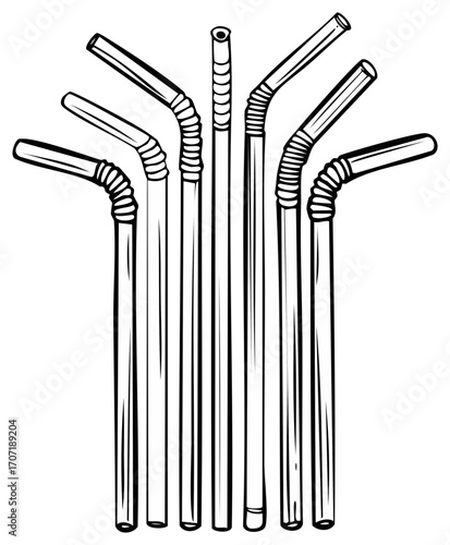 Vector illustration of a group of bendable and straight drinking straws for beverages and drinks