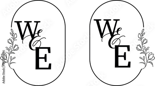Two minimalist floral logos display WE letters in elegant black frames for unique branding