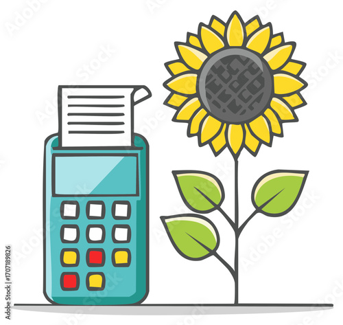 Cartoon illustration of a Point of Sale (POS) device and a sunflower plant.