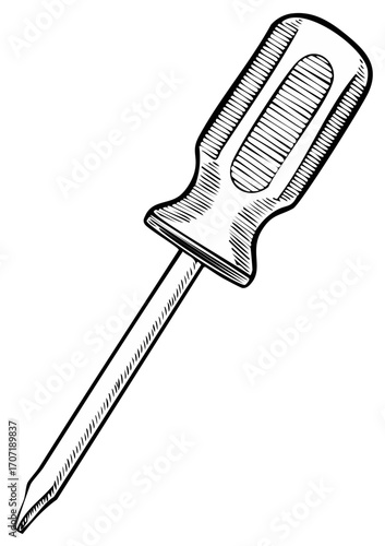 Black and white illustration of a classic screwdriver with a hatched handle and tip