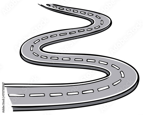 Winding Asphalt Road Cartoon Illustration Design Element Featuring Highway Lines