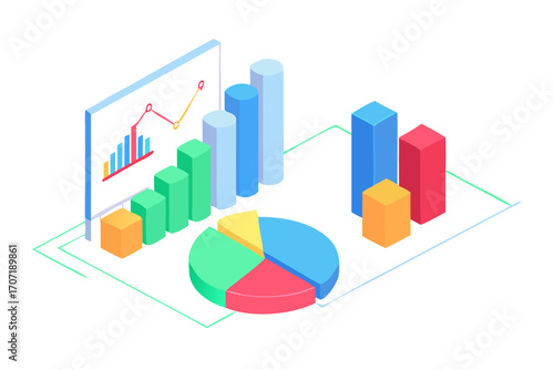Isometric business chart with bar graph, pie chart, and line graph