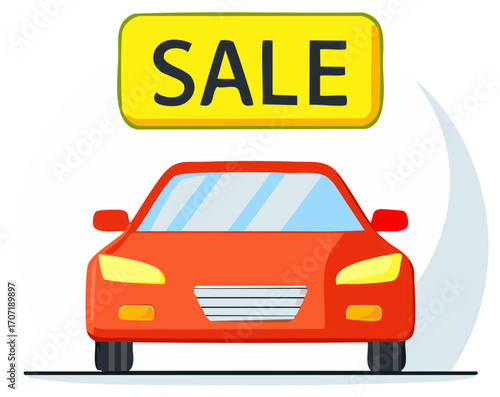 Red cartoon car with sale sign. Automotive deal concept.