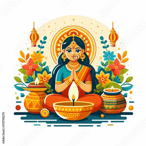 Seated woman with hands clasped surrounded by floral and candle arrangements in a symmetrical composition