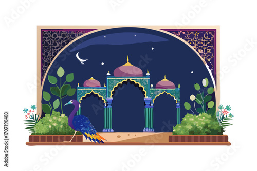 Night scene with mughal arches, peacock, and starry sky, flat design style