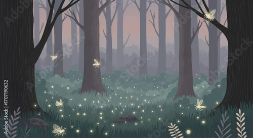 A magical, misty forest at dusk with glowing fireflies illuminating the dark woods.