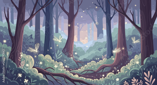 Enchanted forest at twilight, with glowing fireflies illuminating a path through mossy trees and lush undergrowth, creating a magical, ethereal atmosphere.