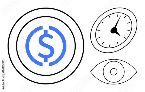 Blue dollar symbol in concentric circles, analog clock, and eye outline. Ideal for finance, productivity, vision, planning, time management focus business strategy. Simple flat metaphor