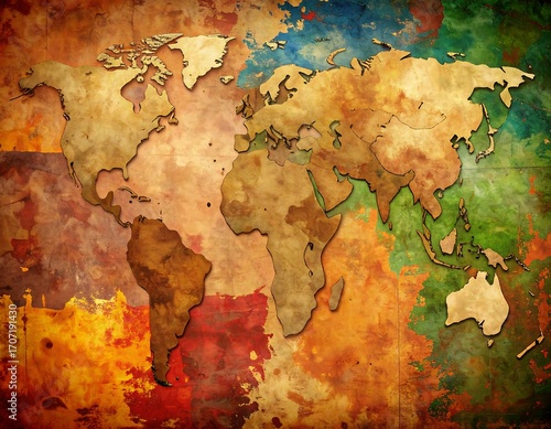 Vintage world map with textured distressed effect