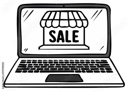 Hand drawn laptop displaying an online shop front with a large sale announcement