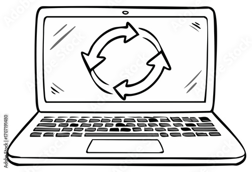 Hand drawn doodle of a laptop computer with a refresh symbol of circular arrows showing an update or sync process