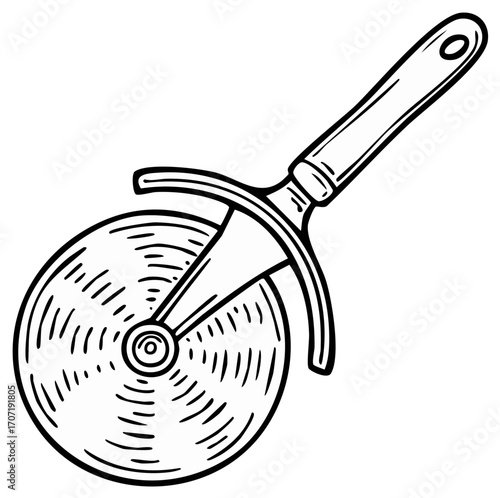 Hand drawn illustration of a metal pizza cutter with a circular blade and handle