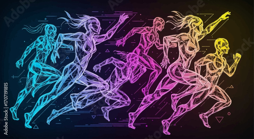 A vibrant, stylized depiction of diverse athletes in full stride, showcasing dynamic movement and energetic progression across a spectrum of luminous colors.