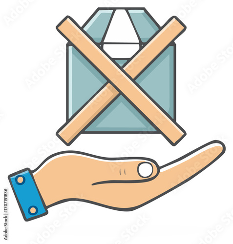 Hand holding closed envelope with crossed wooden sticks for anti spam or no mail concept