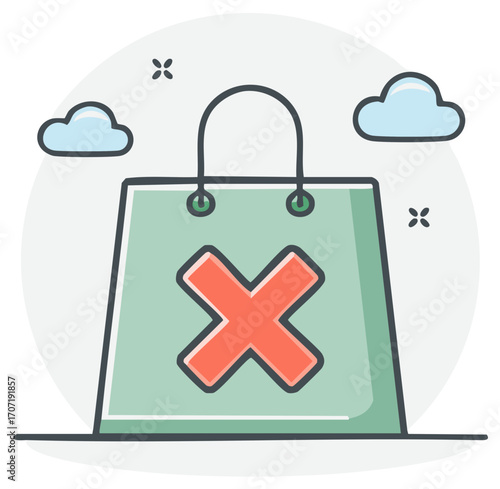 Shopping bag with red cross symbol indicating cancellation or rejection