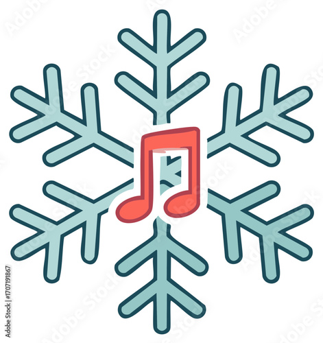 Red Musical Note Centered in Blue Snowflake, Festive Holiday Tunes Concept