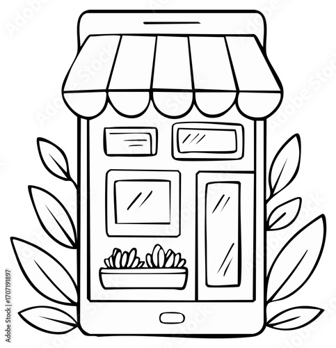 Mobile shop concept with leaves, online business illustration