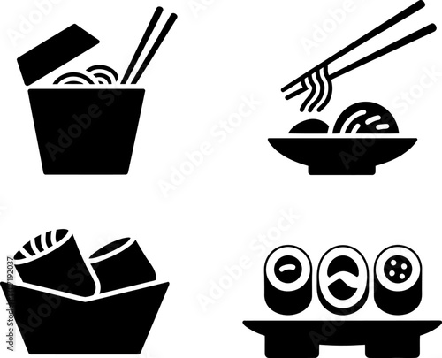Delicious Japanese food icons including noodles, sushi and dumplings