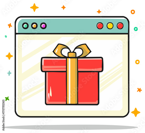 Cartoon internet browser displaying a vibrant red gift package representing online promotions and bonuses