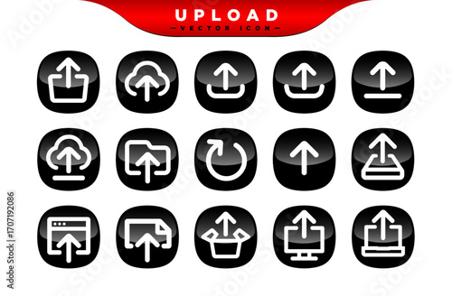 Creative 3D black upload button icon. up arrow bottom symbol. Click here button. Save cloud export icon, push button, mobile application.
