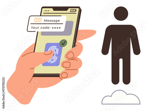 Smartphone with fingerprint authentication and code message. Human figure and cloud suggest identity verification, digital security. Ideal for authentication, cybersecurity, technology, privacy
