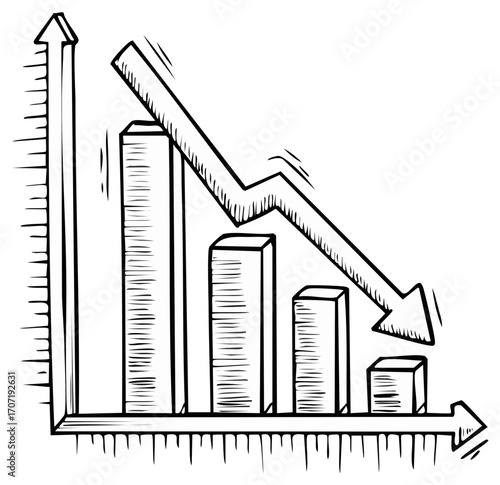 Hand drawn declining bar graph showing economic recession and downward business trend