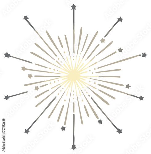 Decorative Hand Drawn Starburst Illustration Radiating Light Beams and Small Stars