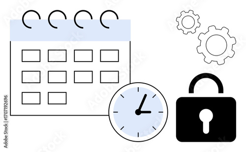 Calendar with rings, clock, lock, and gears symbolize time management, security, organization, scheduling. Ideal for productivity, planning efficiency teamwork security reminders simple landing