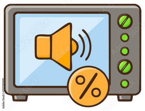 Cartoon television promoting sales offer featuring a loudspeaker symbol for sound