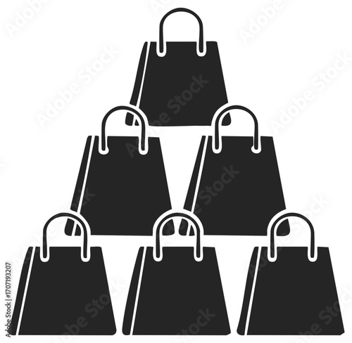 Group of black shopping bags stacked in a pyramid shape, a simple vector icon for retail and sales