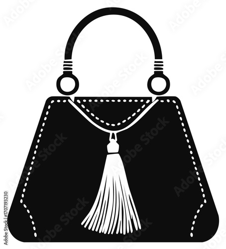 Elegant black handbag with tassel vector icon silhouette illustration